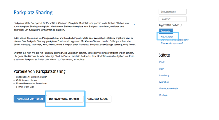 benutzerkonto parkplace erstellen